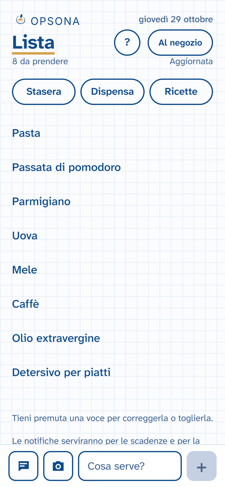 La lista della spesa di Opsona: le voci da prendere e la barra per aggiungerne.